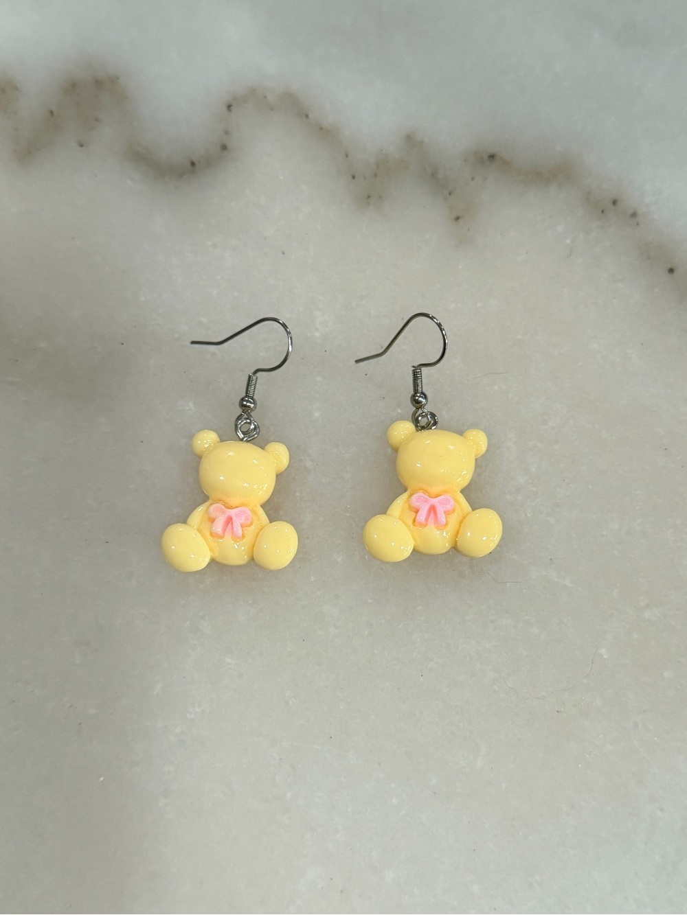 Yellow Teddy Bear Dangle Earrings with Pink Bow